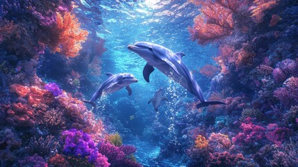Fototapeta premium Vibrant Underwater Scene with Dolphins Swimming