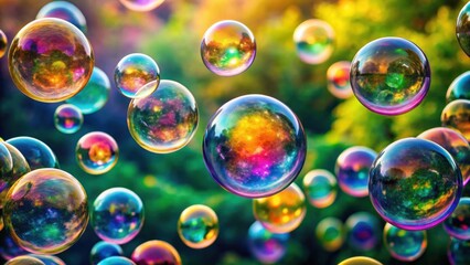 Naklejka premium Colorful soap bubbles floating in the air, bubble, colorful, soap,glowing, sphere, rendering,rainbow, shiny, reflection