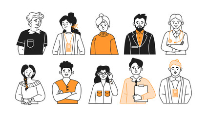 Various jobs avatars doodle line and color illustration set. Specialists in different industries linear sketch vector people collection