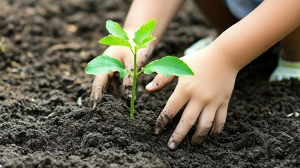 Child Planting Seedling in Rich Soil Garden