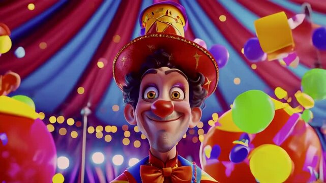 Happy clown smiling and juggling balls in circus tent