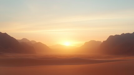 A beautiful sunset over a desert landscape with mountains in the background
