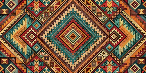 Vibrant geometric patterns and abstract shapes in earthy tones create a stunning tribal-inspired design, evoking a sense of ancient cultural heritage and mystique.