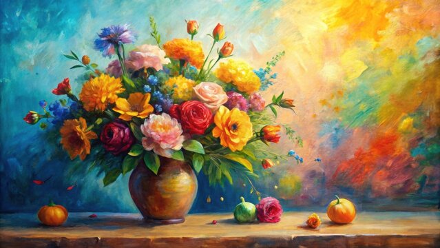 Oil painting of abstract floral still life, vibrant colors, textured surface, oil painting, floral, abstract, still life