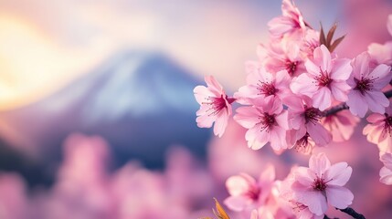 Fototapeta premium Cherry Blossoms with Mountain Background in Spring