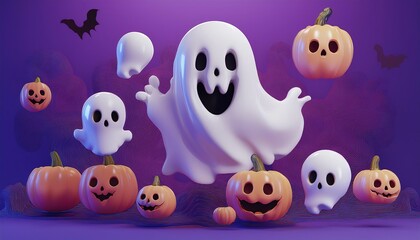 Fototapeta premium A cheerful ghost surrounded by smiling pumpkins and bats, set against a purple background, evokes the playful spirit of Halloween.