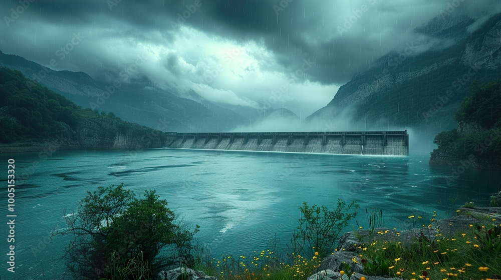 Canvas Prints Dramatic Landscape with Dam and Rain Clouds