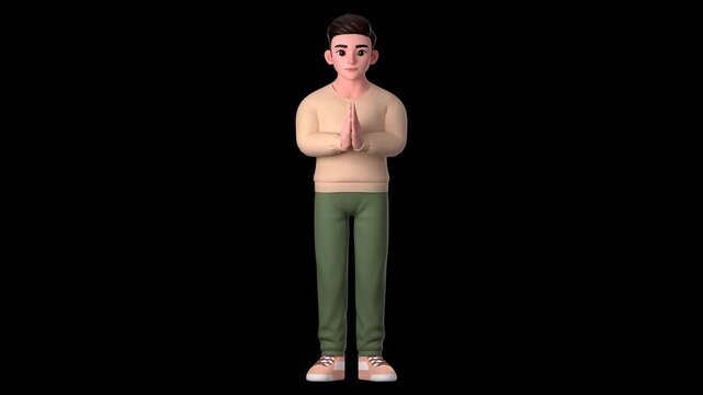 4k transparent alpha channel animation of man character showing folded hands. praying gesture, Namaste, 3D Character video