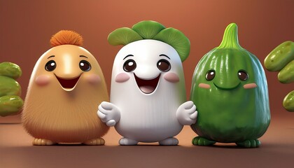 Obraz premium Three cute, animated food characters with friendly expressions, each featuring unique colors and shapes, creating a whimsical and cheerful atmosphere.