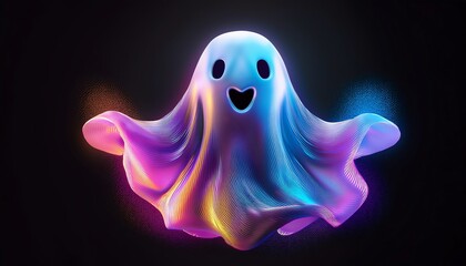 A colorful, whimsical ghost with a smiling face and flowing, vibrant contours, set against a dark backdrop.