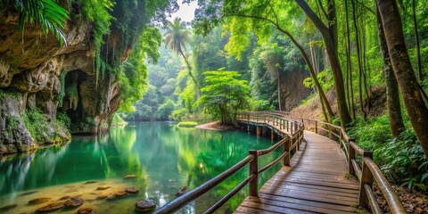 Obraz premium Lush green forest and nature trail at Tham Tarn Lod Noi Cave in Kanchanaburi