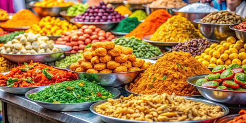 Obraz premium Colorful assortment of Indian street food snacks displayed on a vibrant market stall, Indian, street food, snacks