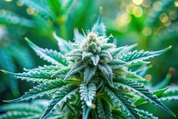 Vibrant green cannabis leaves with fuzzy buds and delicate THC crystals on a blurred, out-of-focus background, creating a soft, dreamy, and calming atmosphere.
