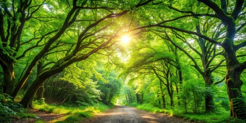 Obraz premium Vibrant green canopy of leaves filters sunlight, creating a serene atmosphere in a tranquil forest, with intricate branches and delicate foliage surrounding a walking path.