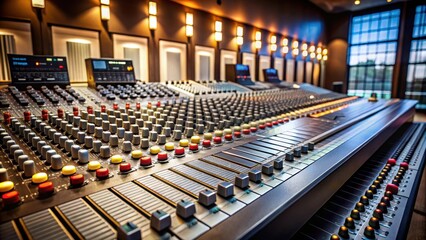 Fototapeta premium Podcast studio mixing desk with multiple sliders and knobs , Podcasting, recording, broadcasting