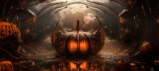 Halloween in sci-fi gothic style, a dark fantasy realm, orange pumpkins, evil creatures, modern surrealistic ambience, futuristic mysterious atmosphere. Unique background for invitation card, banner.
