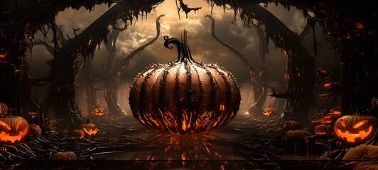 Halloween in sci-fi gothic style, a dark fantasy realm, orange pumpkins, evil creatures, modern surrealistic ambience, futuristic mysterious atmosphere. Unique background for invitation card, banner.
