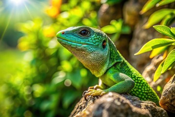Fototapeta premium Vibrant green common emerald lizard, also known as lagartija, perches on a ancient stone wall, basking in warm sunlight, surrounded by lush green foliage.