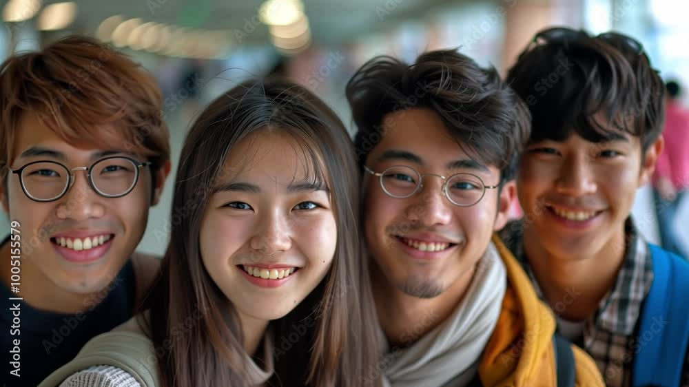 Poster a group of four friends stands close together, smiling brightly while enjoying their time in a conte