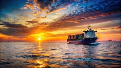Naklejka premium Cargo ship sailing on the ocean at sunset with horizon in the background, cargo ship, ocean, sunset, horizon, transportation, freight