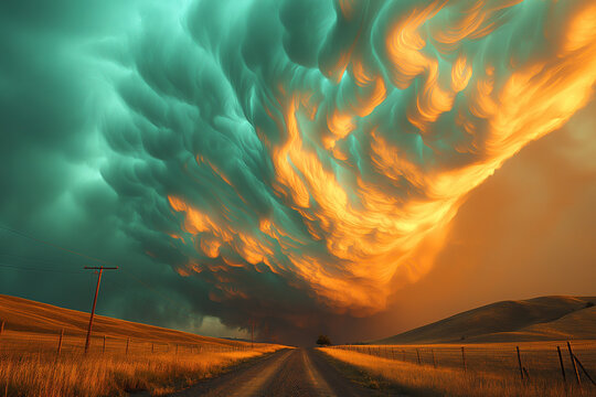 cloudscape with dramatic orange and teal storm clouds rolling over the road on prairie landscape, undulatus asperatus, bracket clouds, photorealistic
