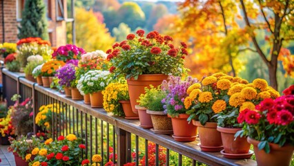 Naklejka premium Cozy balcony filled with vibrant autumn flowers, perfect for home gardening enthusiasts, cozy, balcony, flowers, autumn
