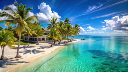 Beachfront luxury resort with palm trees and turquoise water , tropical, vacation, beach, resort, palm trees, turquoise