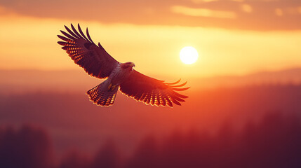 Obraz premium hawk, eagle, sky, sun, sunrise, sunset, flight, gold, Japanese pattern, Japan, tradition, typical, Japanese art, Japanese painting, ink painting, sumi-e, ukiyo-e, elegant, cool, landscape, wabi-sabi, 