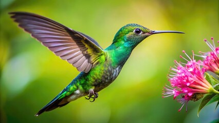 Vibrant green hummingbird with iridescent feathers hovers in mid-air, sipping nectar from a delicate pink flower, set against a soft, blurred background of lush foliage.