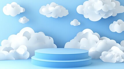 3D render of a blue podium with white clouds on a blue background.