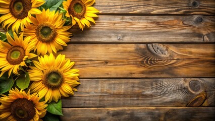 Sunflowers arranged beautifully on a rustic wooden board, Sunflowers, rustic, wooden board, decor, bouquet, yellow, vibrant