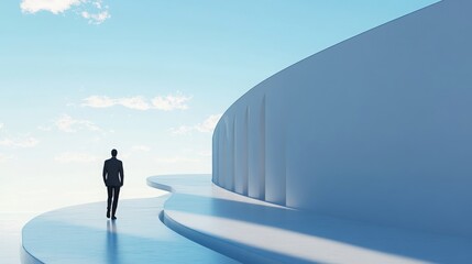 Obraz premium Man Strolls Through Futuristic Surreal Landscape: A Minimalist C4D Rendering of Serene Blue and White Architecture.
