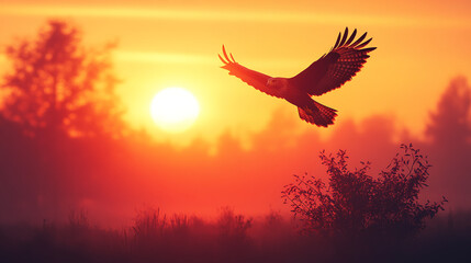 Fototapeta premium hawk, eagle, sky, sun, sunrise, sunset, flight, gold, Japanese pattern, Japan, tradition, typical, Japanese art, Japanese painting, ink painting, sumi-e, ukiyo-e, elegant, cool, landscape, wabi-sabi, 
