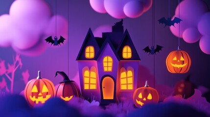 Fototapeta premium A house with bats and pumpkins hanging from the ceiling