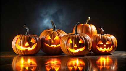 Glowing Halloween pumpkins on a black background, Halloween, pumpkins, glowing, festive, spooky, decorations
