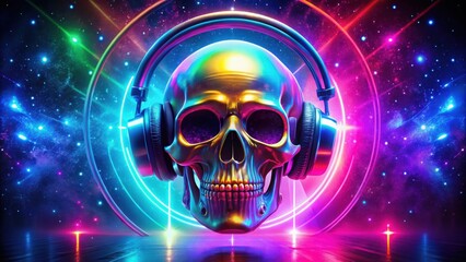 Vibrant neon skull with headphones dripping with paint in a cosmic dance club , neon, skull, headphones, vibrant, paint