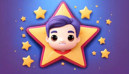 Fototapeta premium A cute, cartoon-style character with purple hair centered on a bright star, surrounded by smaller stars against a vibrant blue background.