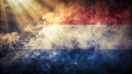 Soft focus Netherlands flag on smoke with sun rays background cataclysm abstract rendering, Netherlands flag, smoke