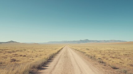 A vast desert expanse appears beneath a pristine blue sky, with a dirt road that extends straight into the horizon, conveying a feeling of seclusion and adventure.