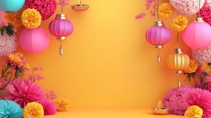Obraz premium A yellow background with pink and orange lanterns hanging from the ceiling