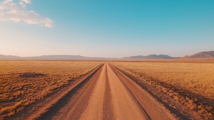 Fototapeta premium A vast desert expanse appears beneath a pristine blue sky, with a dirt road that extends straight into the horizon, conveying a feeling of seclusion and adventure.