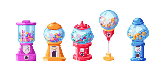 Collection of colorful gumball vending machines creative icons. Glass dispensers filled with tasty candies flat color vector illustration