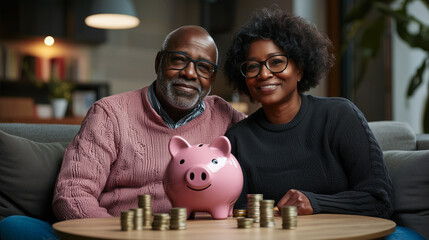 Smiling Black elderly couple with piggy bank and coins, concept of retirement savings
