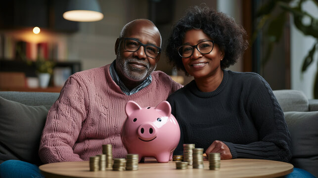 Smiling Black elderly couple with piggy bank and coins, concept of retirement savings