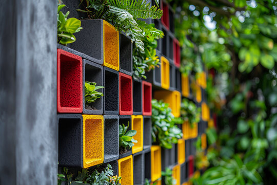 Colorful eco-bricks integrated into a garden wall promoting sustainable urban gardening