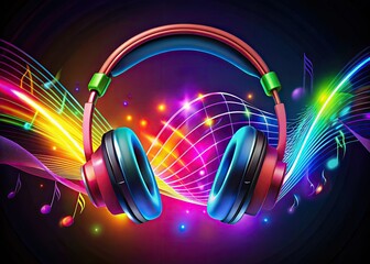 Vibrant headphones surrounded by colorful sound waves and musical notes, set against a dark background, representing the fusion of music and digital creativity.