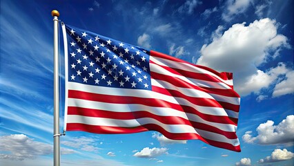 Vibrant, high-contrast illustration of the American flag, featuring thirteen horizontal stripes and fifty white stars on a blue canton, waving gently in the wind.