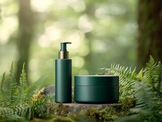 Natural skin care products on a mossy surface in a forest setting.