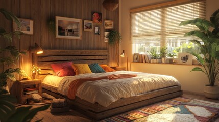 Cozy bedroom with warm lighting and natural decor