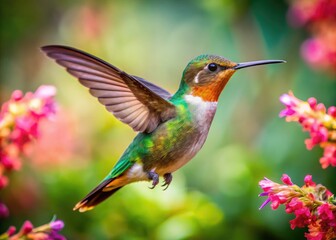 Fototapeta premium Vibrant Hummingbird Hovers In Mid-Air, Capturing Nectar From A Delicate Flower In A Lush Garden Setting